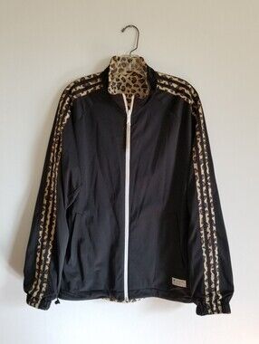 adidas Reversible Black Windbreaker with Leopard-Print Trim Jacket